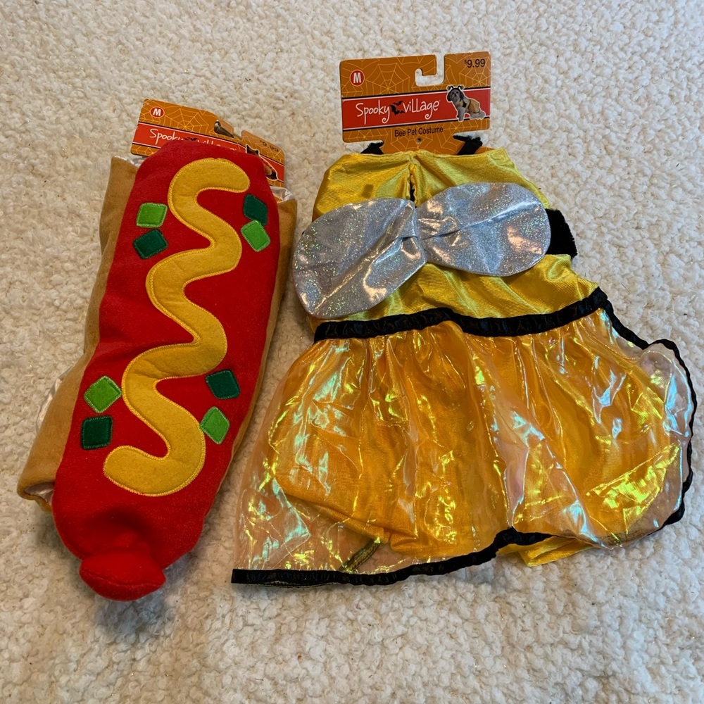 2 Size Medium Dog Costumes Bee & Hot Dog NWT